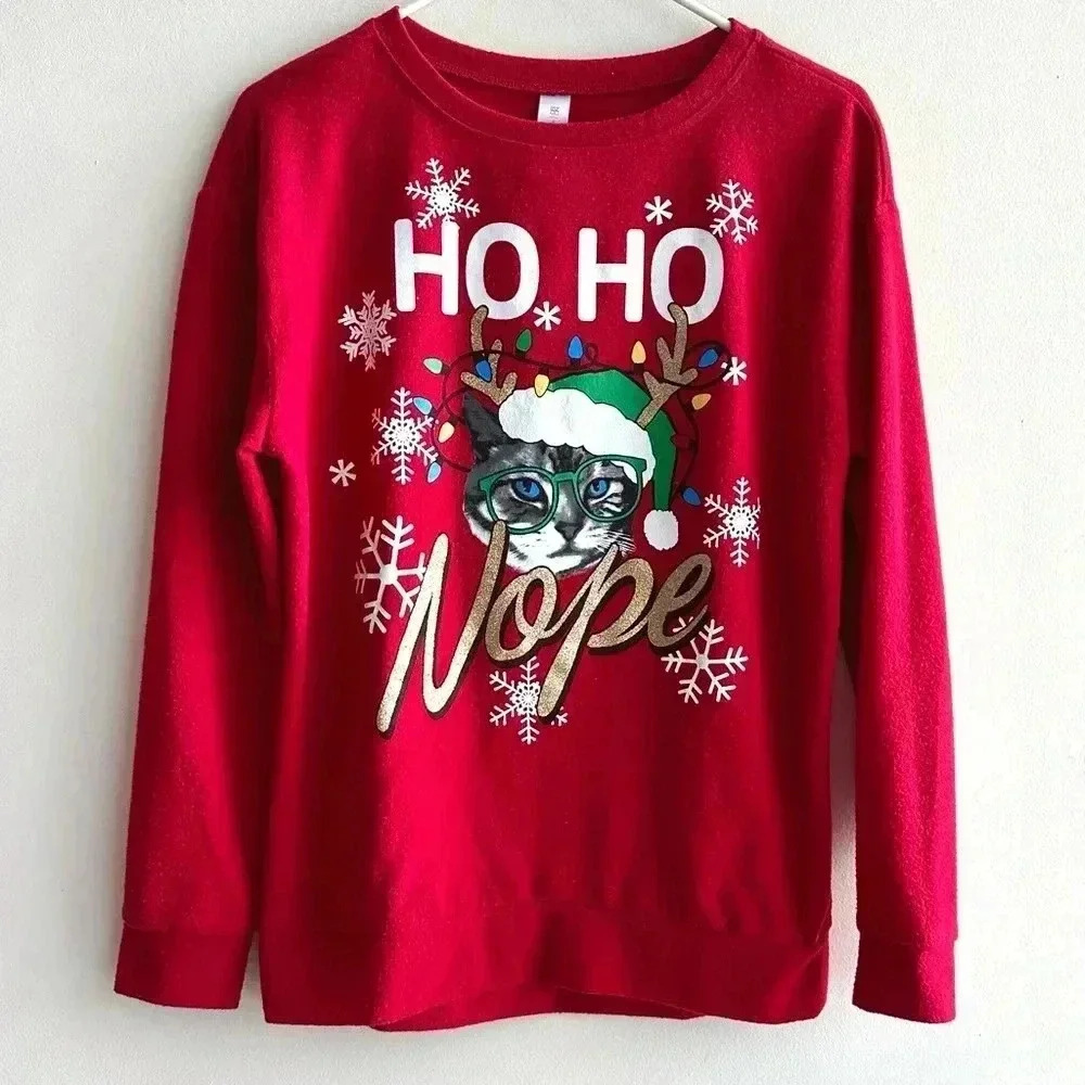 Ho Ho Nope Cat Ugly Christmas Sweater, Red Holiday Sweater, Glitter, Size Med